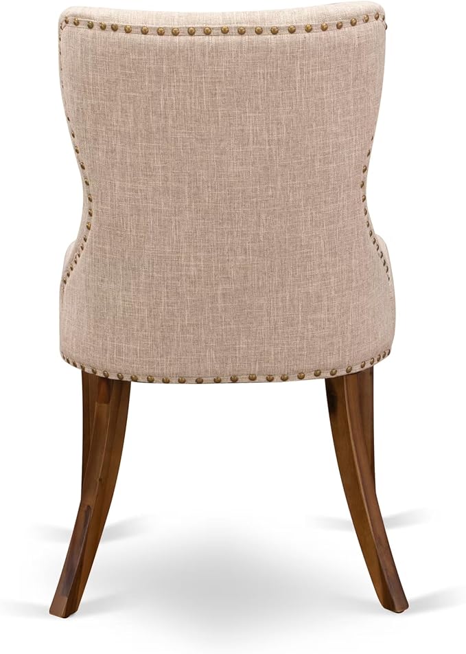 NKSI9-AWA-04 9-Piece Dining Table Set Consists of a Dining Table and 8 Light Tan Linen Fabric Kitchen Chairs with Button Tufted Back - Antique Walnut Finish