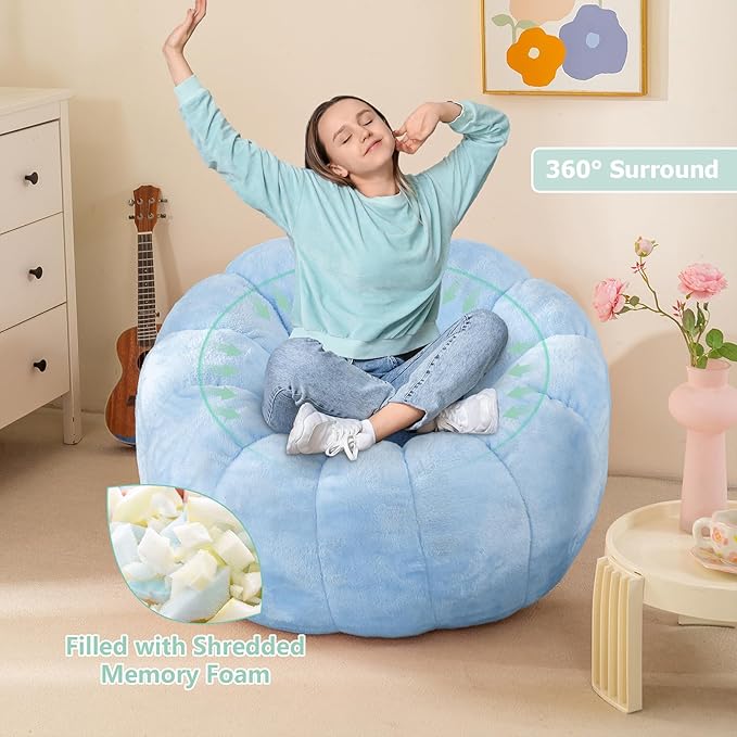 Pumpkin Bean Bag Sofa Chair, Bean Bag Chair with Filler for Teens, Kids, Toddler, Comfy and Lazy Sofa for Dorm, Apartment, Living Room and Bedroom, Sky Blue