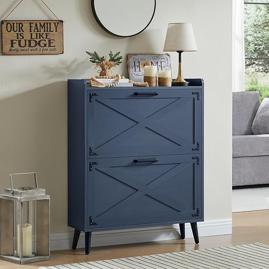 Shoe Storage Cabinet,Farmhouse Shoe Organizer with 2 Flip Drawers & Barn Door Design,Freestanding Hidden Slim Narrow Shoe Rack Cabinet for Entryway,Foyer,Hallway,Blue