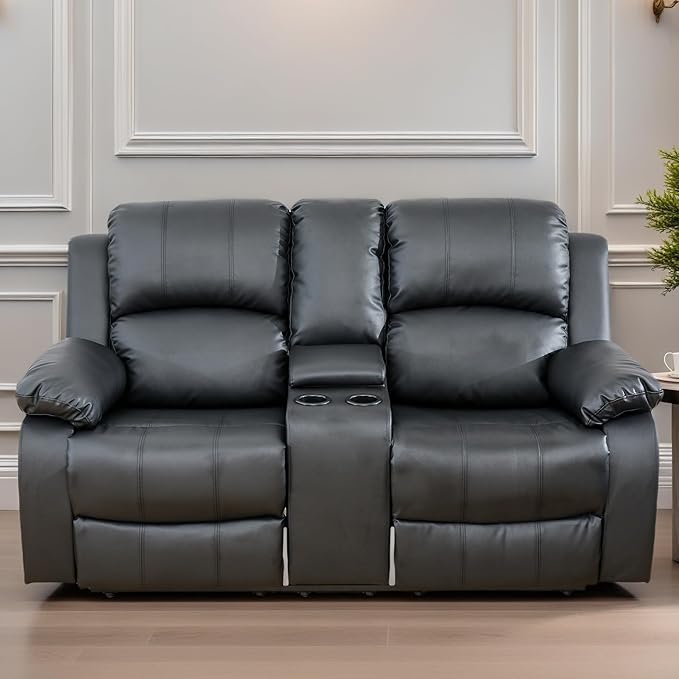 Loveseat Recliner Sofa, Reclining Loveseat Leather Couch with Storage Console, Modern Comfy Home Theater Seating Power Recliner Chair with Cup Holders for Living Room Furniture Sets, Black