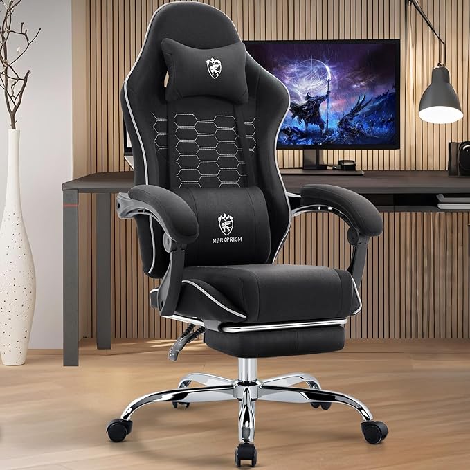 Gaming Chair Breathable Fabric,Computer Office Chair with Footrest,Massage Lumbar Support and Gel Pad,Ergonomic Reclining Adjustable Gamer Chair with Headrest and Spring Cushion Black