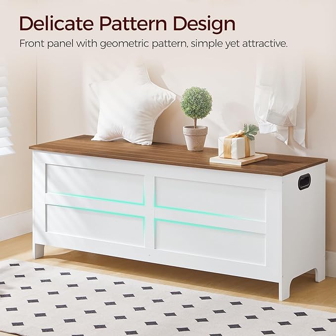 Storage Chest, 47.2” Large Toy Chest, Entryway Storage Trunk, Storage Bench with Safety Hinge, Entrance Bench for Living Room, Entrance, Bedroom, White+Walnut SCBZ48901