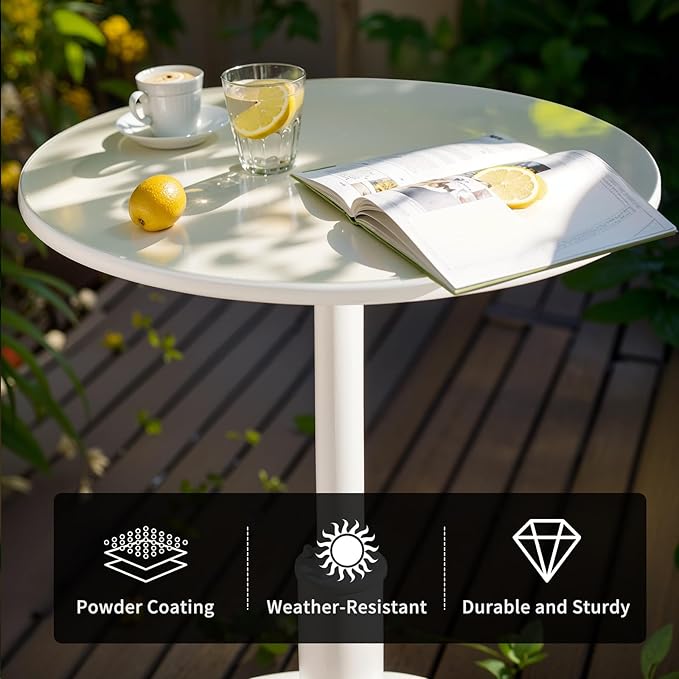 42" Tall Modern Industrial Bar Table-23.6" Dia Round Metal Top Standing Pub Cocktail Bistro Table-Indoor Outdoor Patio-Commercial Grade, Heavy Duty (White)
