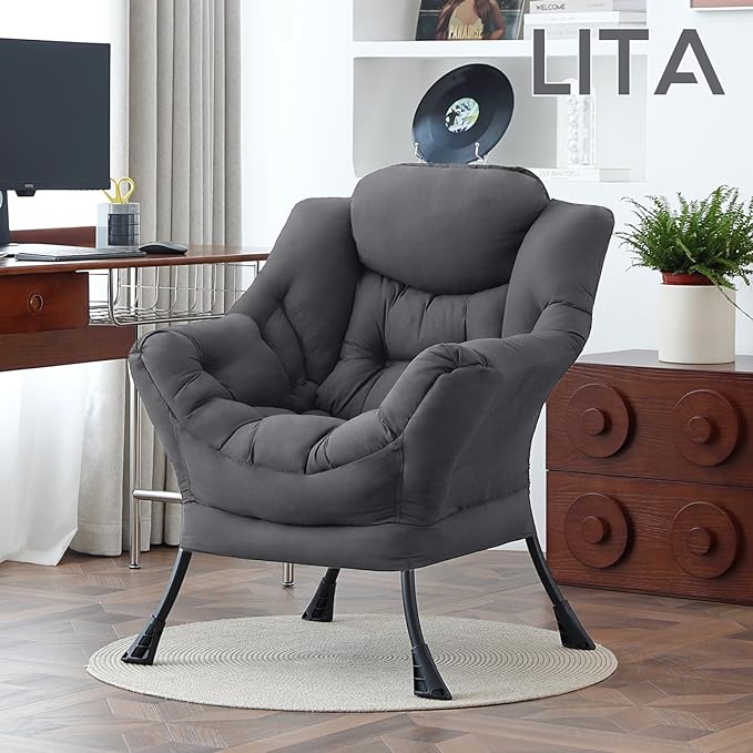 LITA Lazy Chair with Ottoman, Modern Accent Leisure Upholstered Sofa, Contemporary Lounge Reading Chair with Armrests and a Side Pocket for Living Room, Bedroom & Small Space, Single Dark Grey