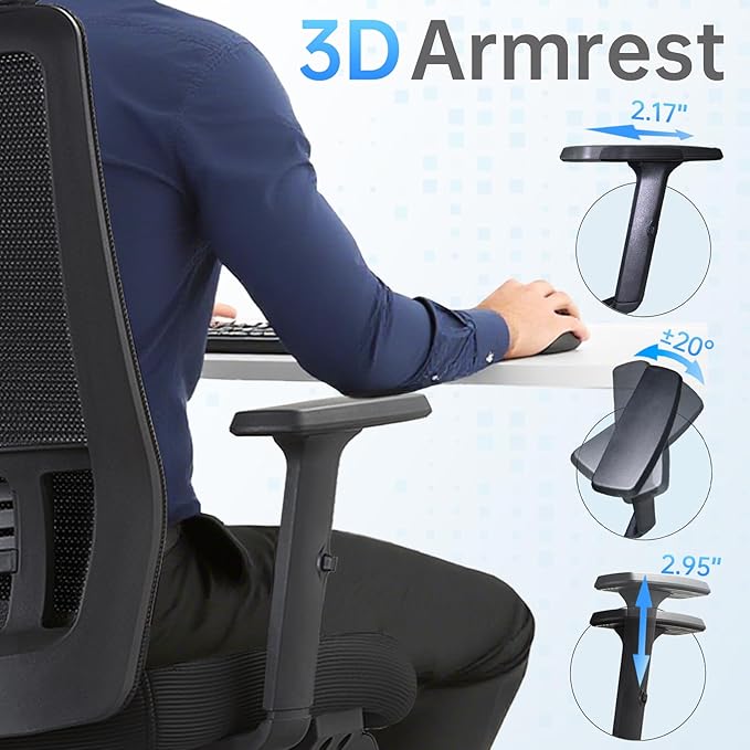 Ergonomic Office Chair, Adjustable Lumbar &Headrest, 3D Armrests, Silent Wheels, 145° Reclining Chair with Footrest, Large Steel Base, 350 LBS Swivel Desk Chair