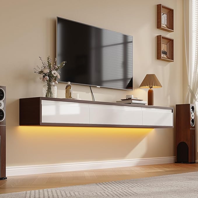 Floating TV Stand High Gloss,55'' Wall-Mounted TV Cabinet,Floating TV Console,Under TV Shelf with 3 Doors for Living Room Bedroom(Walnut+White)