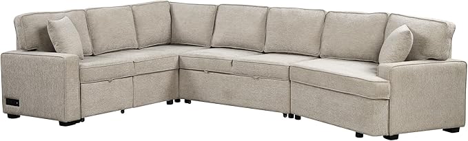 126" Extra Large Pull-Out Sofa Bed with Drop-Down Cup Holder Tables,L-Shaped Sectional Cozy Couch W/Charging Device,Convenient Sleeper Furniture Set for LivingRoom Apartment,Black Chenille