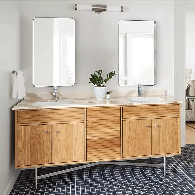 ANDY STAR Chrome Bathroom Mirror, 24”x40” Polished Nickel Rounded Corner Rectangle Mirror, Modern Metal Frame Bathroom Vanity Mirror