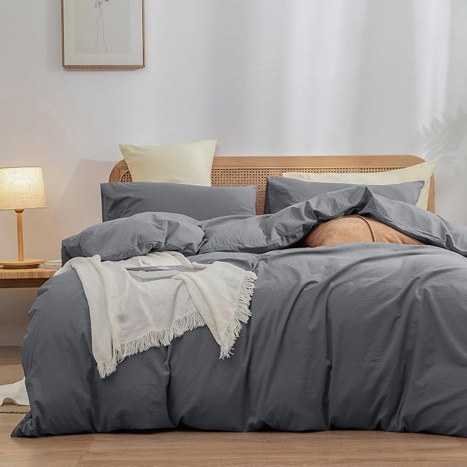 BESTOUCH Duvet Cover Set 100% Washed Cotton Linen Feel Super Soft Comfortable Chic Lightweight 3 PCs Home Bedding Set Solid Quiet Shade Grey Queen