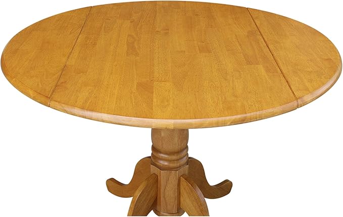 IC International Concepts, 42" Round Dual Drop Leaf Pedestal Dining Table, Solid Real Wood, Sturdy Parawood, Dimensions 42"D x 42"W x 29.5"H, 20mm thickness, 40lbs Weight Capacity, Oak