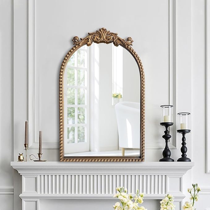 ironsmithn Gold Arched Mirror, 20"x32" Ornate Beaded Frame Mirror, Metal Decorative Accent Mirrors for Fireplace Bedroom Bathroom Living Room Entryway
