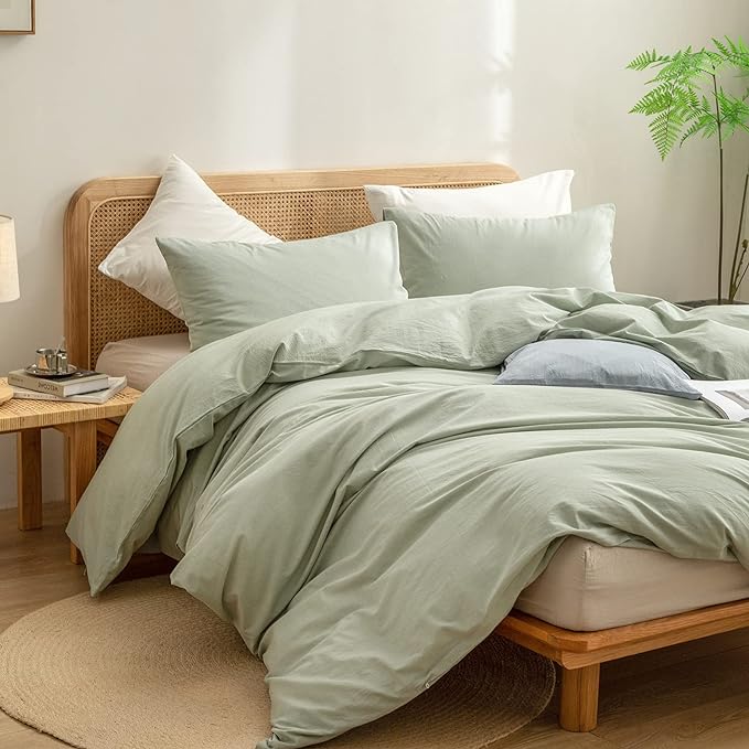 BESTOUCH Duvet Cover Set 100% Washed Cotton Linen Feel Super Soft Comfortable Chic Lightweight 3 PCs Home Bedding Set Sage Green King