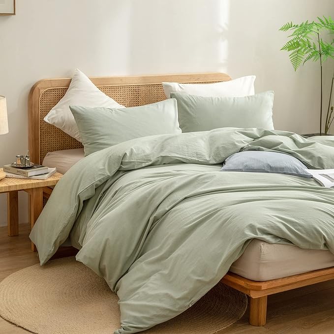 BESTOUCH Duvet Cover Set 100% Washed Cotton Linen Feel Super Soft Comfortable Chic Lightweight 3 PCs Home Bedding Set Solid Sage Green Full/Double
