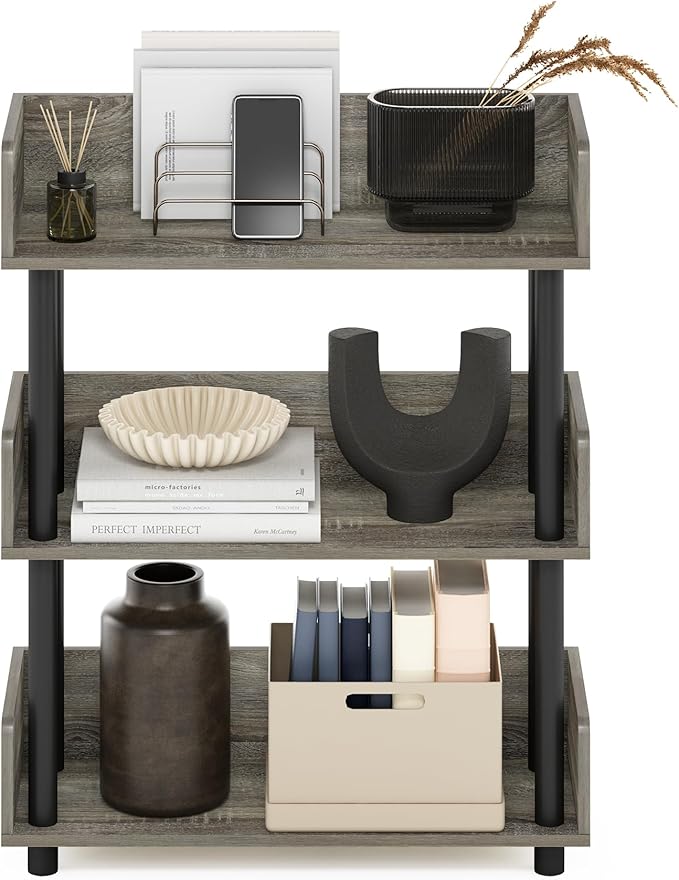 Furinno Turn-N-Tube 3-Tier Multipurposes Display Rack, Open Shelf Rack/Storage with Back & Side Panel, French Oak/Black
