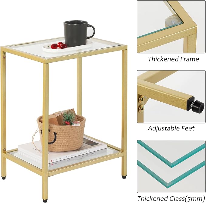 Modern 2-Tier Tempered Glass End Table - Stylish Black Metal Side Table for Small Spaces, Perfect for Living Room & Bedroom (Gold, 1PCS)