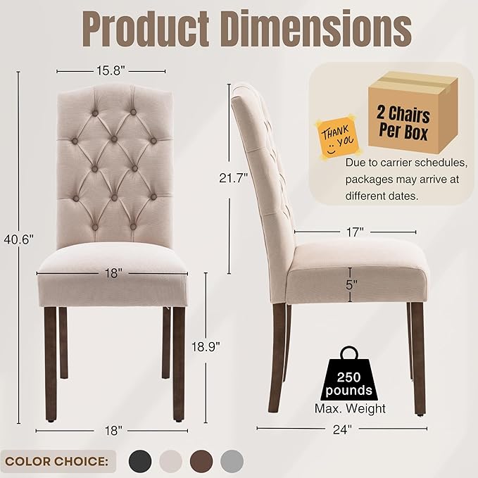 Tufted Upholstered Parsons Dining Chair Set Fabric Diner Accent Stylish Modern Kitchen Living Room with Button Sturdy Solid Wood Legs