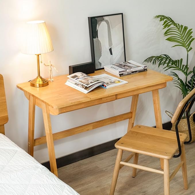 Computer Desk with Drawers, Solid Wood Writing Desk, Mid Century Modern Home Office Desks, Oak Study Table, Small Desk for Bedroom, 29.1 H x 39.4 W x 21.7 D Inches, Natural