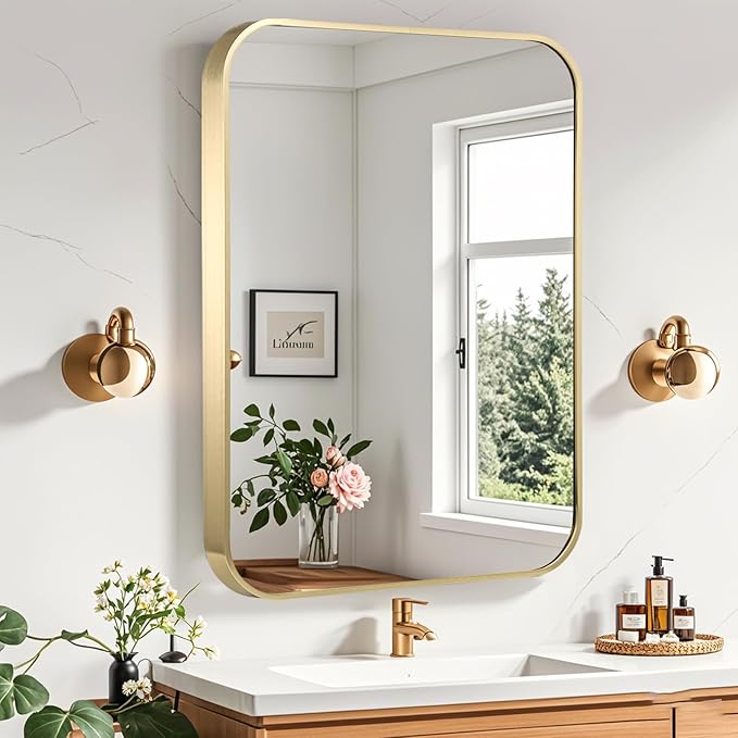 Gold Bathroom Mirror, 24x32 Inch Brushed Gold Mirror, Aluminum Alloy Framed Rectangle Bathroom Mirror for Over Sink, Anti-Rust Wall Mirror (Horizontally or Vertically)