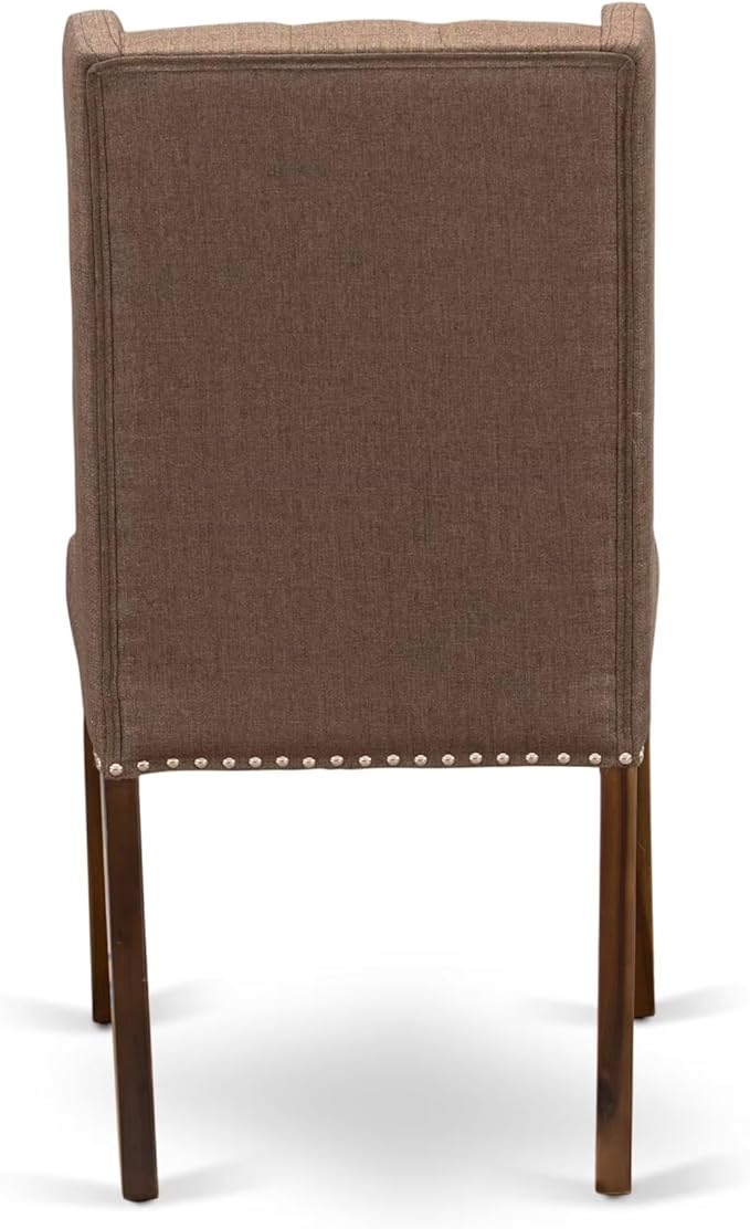 F7FO7-50N-18 - 7-Piece Dining Room Set Contains A Kitchen Table and 6 Brown Polyester Fabric Parsons Chairs with Button Tufted Back, Antique Walnut