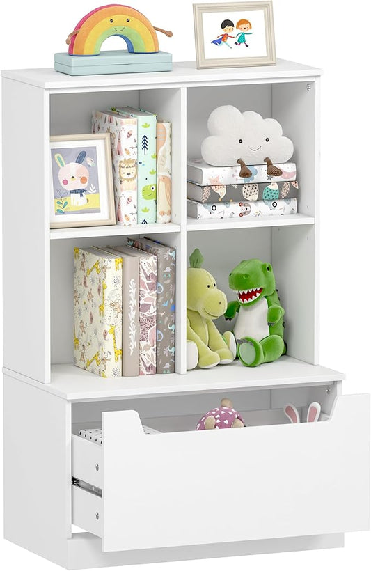 UTEX Kids Bookshelf and Toy Storage Organizer, Toddlers Bookcase with Cubbies, Adjustable Wood Shelf with Drawer for Bedroom, Playroom, Nursery, White