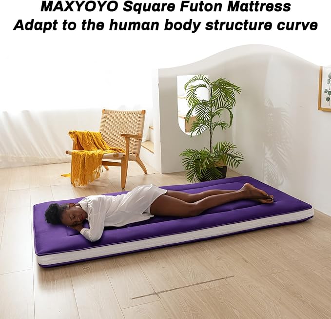 MAXYOYO Twin Bed Mattress Japanese Floor Mattress Futon Mattress, Twin Mattress Pad Camping Mattress Floor Bed Mattress Topper, Easy to Foldable and Portable, Purple Futon Single Mattress