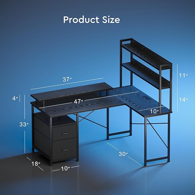 L Shaped Gaming Desk with Shelves,Reversible Computer Gaming Desk with LED Lights and Charging Station,Home Office Corner Desk with Monitor Stand,Black