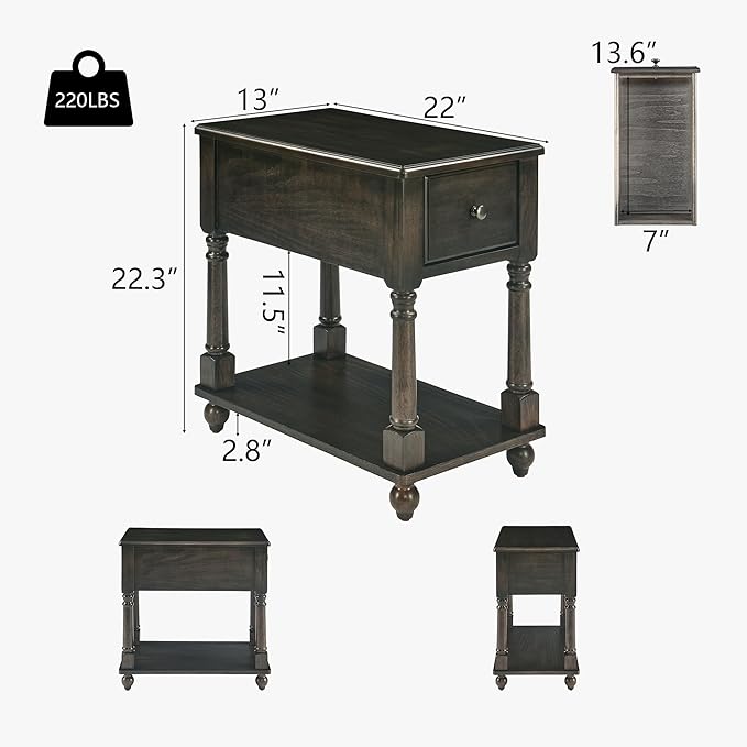 LEEMTORIG Set of 2 Solid Wood End Table Narrow Side Table with Drawer, Cherry Wood End Table Living Room, 13" W Slim Small Nightstand, 22" D x 22.3" H, No-Tools Assembly, Rustic Black BBJ-004-BK