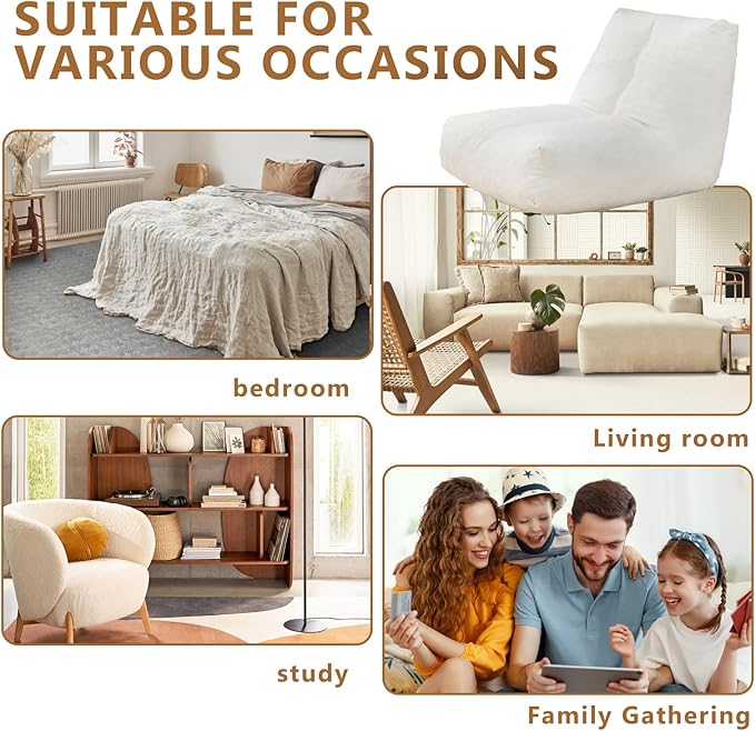 Bean Bag Chairs for Adults, Memory Foam Bean Bag Chair, Spacious Single Sofa, Ergonomic Support Reading Floor Sofa Chair with Filler, Comfy Cozy Beanbag Couch for Bedroom Living Room (Beige)