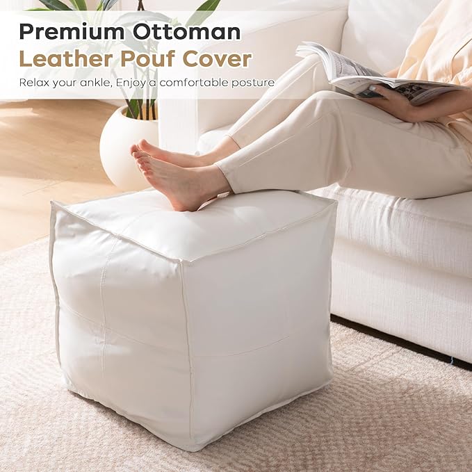 Unstuffed Pouf Ottoman Cover (Only Cover No Filler), 17.7x17.7 inch Faux Leather Moroccan Poofy Ottomans Cover, footrest Square White Footstool with Storage Waterproof Easy Cleaning for Living Room
