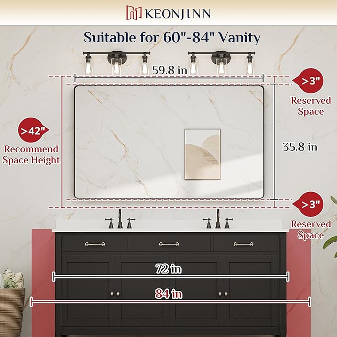 Keonjinn Black Bathroom Mirrors for Over Sink, 60” x 36” Large Matte Black Mirror for Wall, Rounded Rectangle Farmhouse Vanity Mirror, HD Tempered Glass Modern Decorative Mirror(Horizontal/Vertical)
