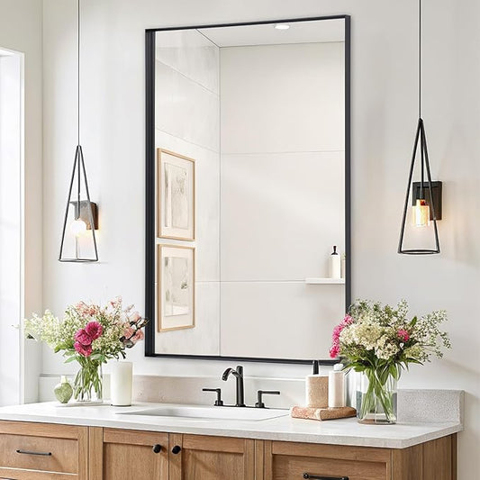 Melodieux Wall Vanity Bathroom Mirror for Over Sink, 24"x36" Rounded Rectangle Metal Deep Frame Wall Mounted Mirror Wall Decor for Living Room Hallway, Black