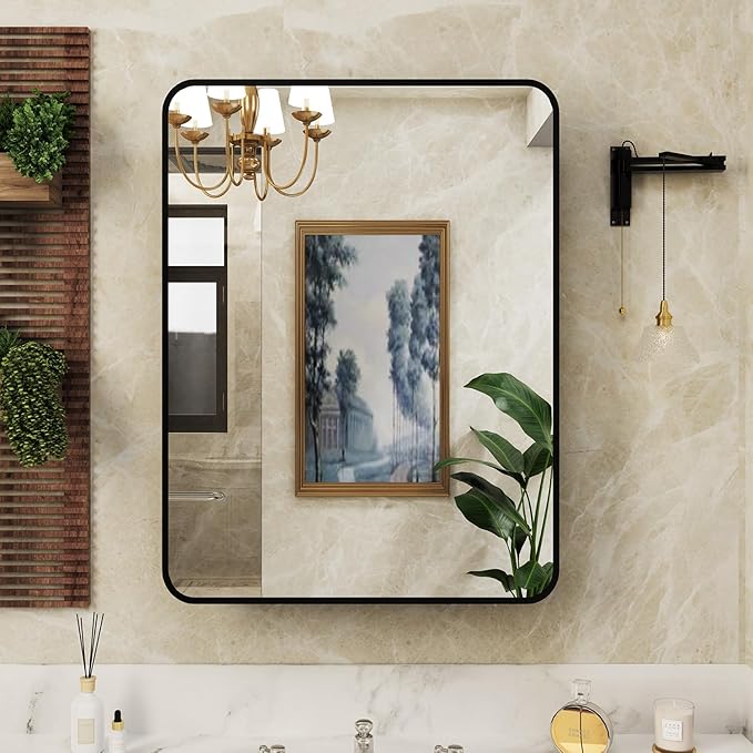 24x30 Inch Bathroom Medicine Cabinet with Mirror Black Metal Framed Farmhouse Recessed or Surface Wall Mounted Black Medicine Cabinets for Bathroom