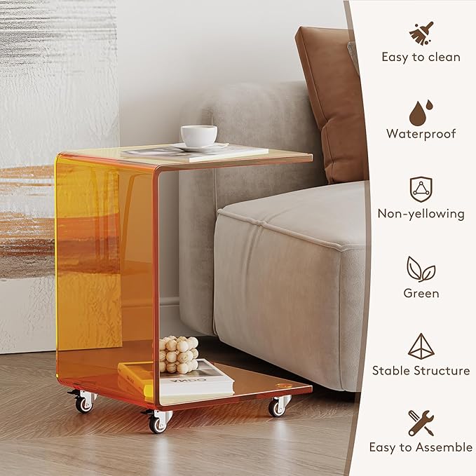 Modern C-Shaped End Table, Small Side Table, Acrylic Nightstand with Storage and Lockable Wheels for Living Room, Bedroom, Office, Bedside, Couch, and Sofa,13.38" D x 14.17" W x 21.65" H