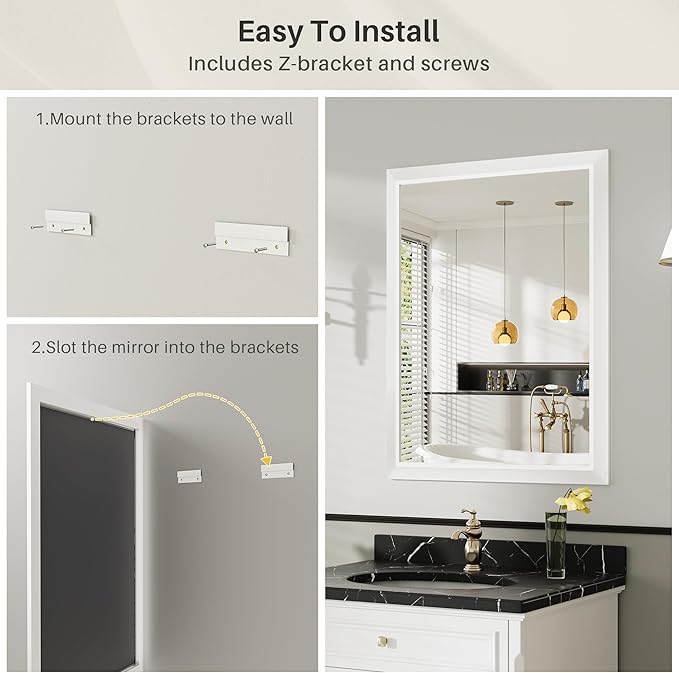 28x36 Inch White Bathroom Mirror for Wall, Thick Metal Framed Rectangle Mirrors for Over Sink, Bedroom, Living Room, Entryway, Anti-Rust, HD Tempered Glass