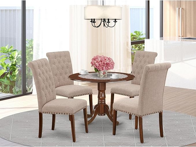 East West Furniture DLBR5-MAH-04 5 Piece Dining Room Furniture Set Includes a Round Dining Table with Dropleaf and 4 Light Tan Linen Fabric Upholstered Chairs, 42x42 Inch, Mahogany