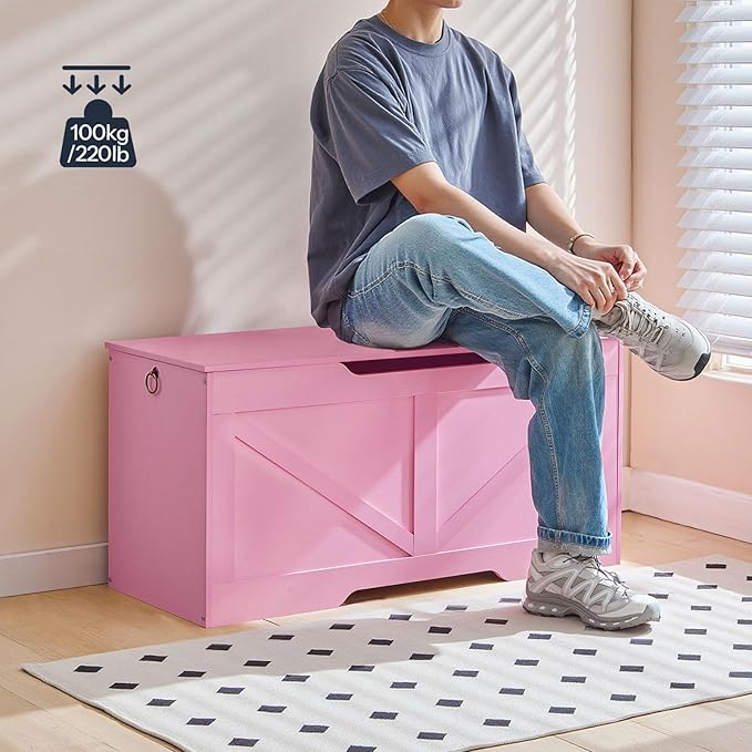 HOOBRO Storage Bench, 39.4" Retro Wooden Storage Chest with U-Shaped Cut-Out Pull, Safety Hinge, Supports 220 lb and Easy Assembly for Toy Box Organizer (Pink) PK771CW01