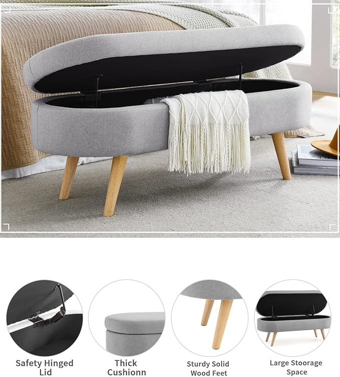 Oval Storage Bench 43.5" Linen Fabric Upholstered Entryway Bench with Solid Wood Legs Ottoman Bench Indoor Bench for Living Room/Bedroom/End of Bed/Entryway (Grey)