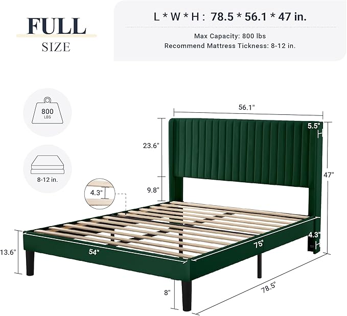Allewie Full Size Bed Frame/Velvet Upholstered Platform Bed/Vertical Channel Tufted Wingback Headboard/Strong Wooden Slats/No Box Spring Needed/Easy Assembly/Green