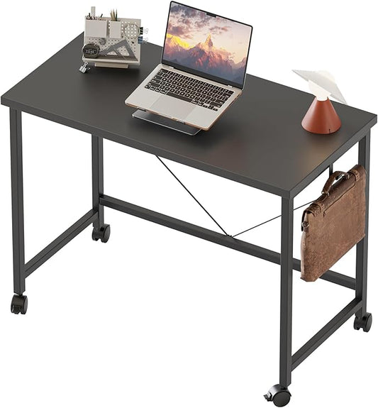 Rolling Computer Desk with Wheels, Gaming Desk for Small Spaces, Modern Simple Style Table for Home Office, Study Writing Table (Caster, Black, 32 inch)