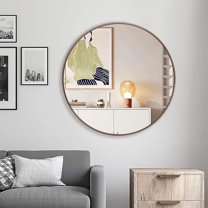 30 inch Circle Wall Mirror, Brushed Bronze Metal Framed Round Mirror for Bathroom Vanity, Bedroom Decor, Living Room, Entryway