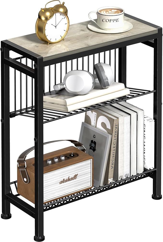 Narrow Side Table for Small Space, 3-Tier End Table with Magazine Holder, Slim Nightstand with Wire Shelf, Skinny Bedside Table in Living Room, Bedroom, Study, Kitchen and Balcony(Greige)