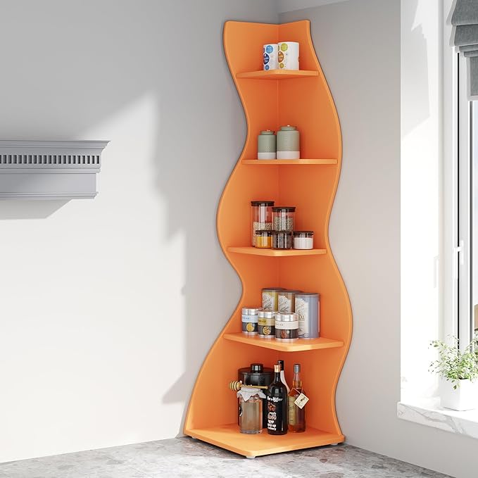 Tribesigns Corner Shelf, Modern 5-Tier Wall Corner Bookshelf, Stylish Corner Small Bookcase Storage Rack Plant Stand with Unique Shape for Living Room, Home Office (Orange, 1PC)