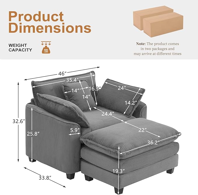 Furniliving Oversized Accent Chair with Ottoman, Luxury Corduroy Single Sofa, Upholstered Deep Seat Chaise Lounge with Pillows for Living Room, Bedroom, Apartment, Grey