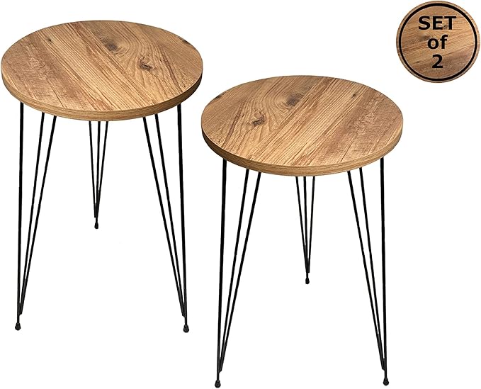 PAK HOME - Set of 2 End Table – Pine Wood Round Wood Sofa Side Coffee Tables for Small Spaces, Nightstand Bedside Table with Black Metal Legs for Bedroom, Living Room, Home Office, Balcony