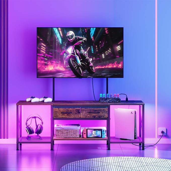TV Stand with Mount, Power Outlet and LED Light, Entertainment Center, Adjustable TV Stand, for 32-70 inch TVs, 2-Tier Storage, for Living Room, Bedroom, Rustic Brown and Black TDS12UDBF