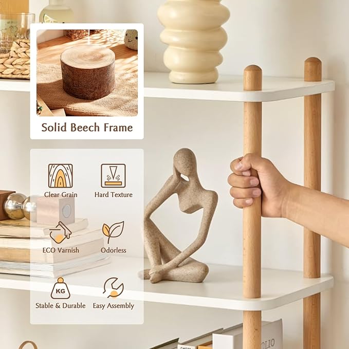 IOTXY 4-Tier Wooden Shelf Bookcase - Modern Open Bookshelf, Free Standing Storage Rack, Multifunctional Display Stand for Home and Office, White, Rectangle