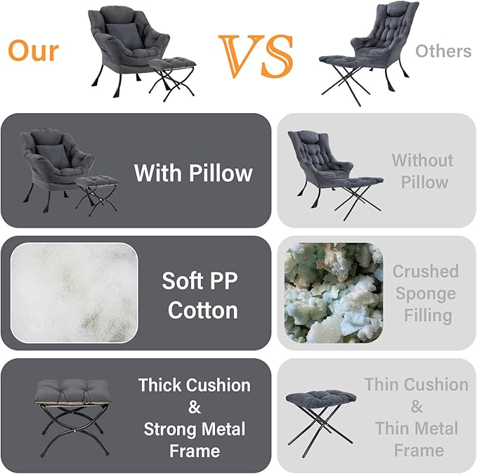 Lazy Chair with Ottoman, Comfy Reading Lounge Chair with Footstool & Throw Pillow Modern with Armrests & Side Pocket for Living Room, Bedroom, Dorm Room, Dark Grey