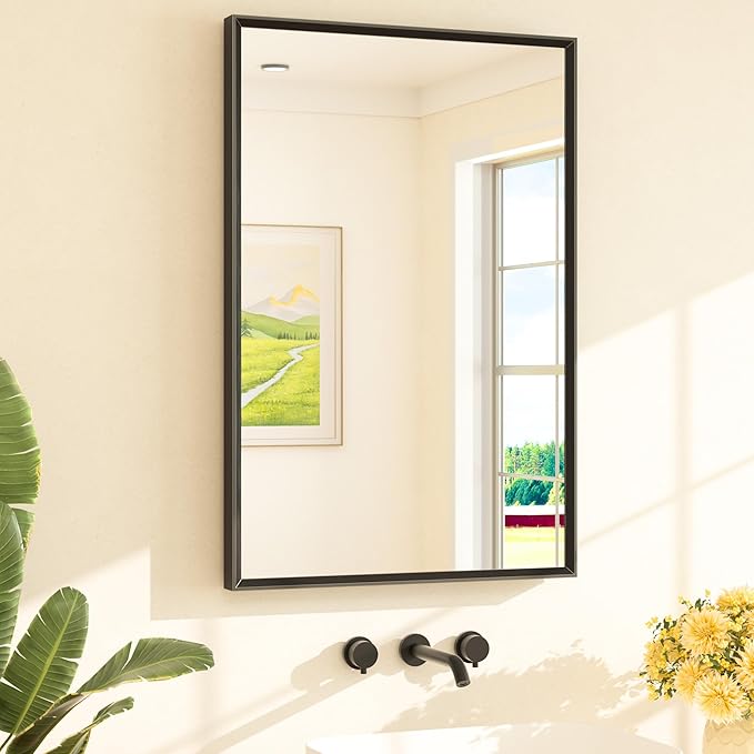 TETOTE Black Mirror for Bathroom Sink 24" x 36" Matte Black Beveled Metal Frame Bathroom Vanity Rectangle Mirror for Wall, Modern Farmhouse, Tempered Glass, Shatterproof, Stronger Frame