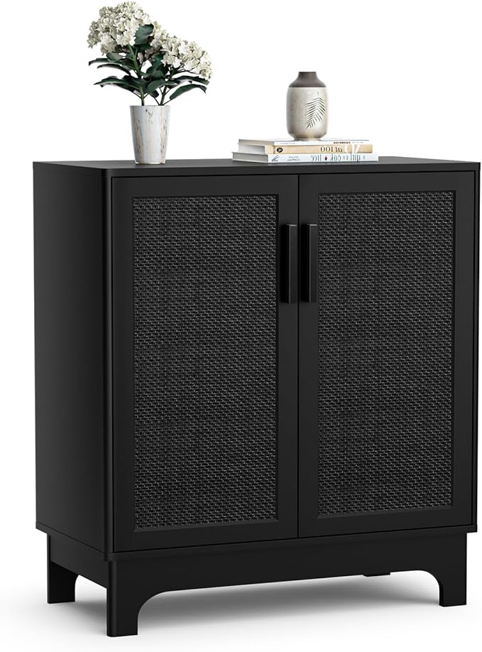 Black Rattan Cabinet, Natural Rattan Storage Cabinet with 2 Doors Adjustable Shelf Large Space Entryway Hallway Sideboard Buffet for Living Room Kitchen