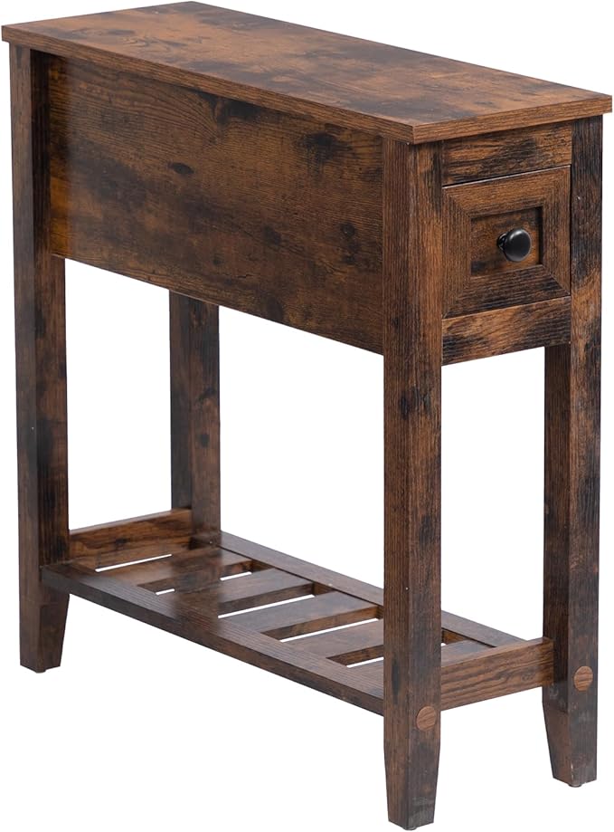 Brown Chairside Narrow End Table, Solid Wood Recliner Side Table with Drawer, Slim Nightstand Bedside Table for Living Room Bedroom